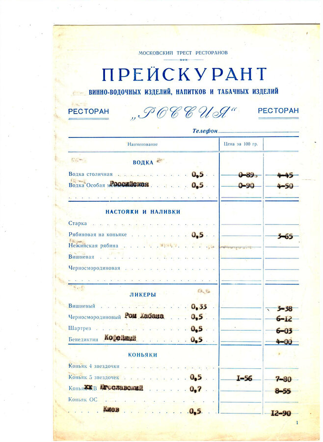 Меню и прейскурант ресторана "Россия"